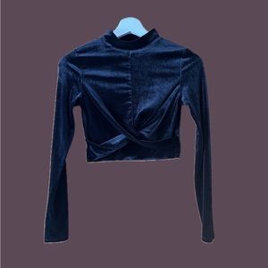 Black Velvet Long-Sleeve Mock Neck Crop Top